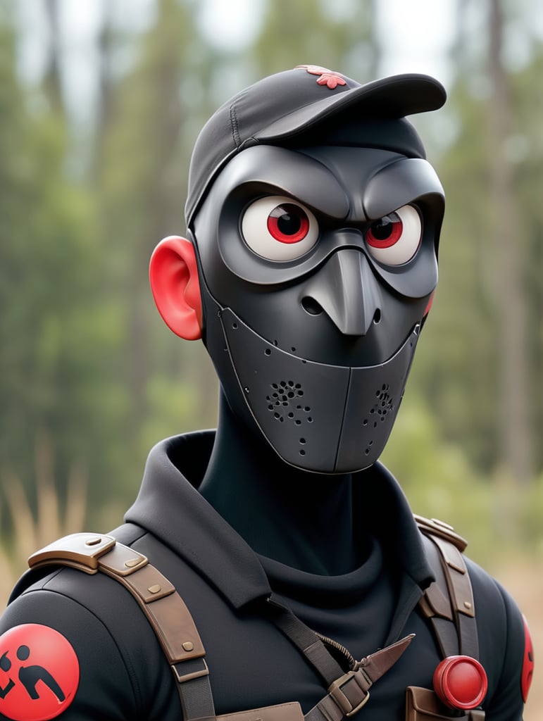 Three Masked Male Military Mercenary Operator in a black uniform with red details named "Plauge" wearing a Military style Plague Doctor Mask.