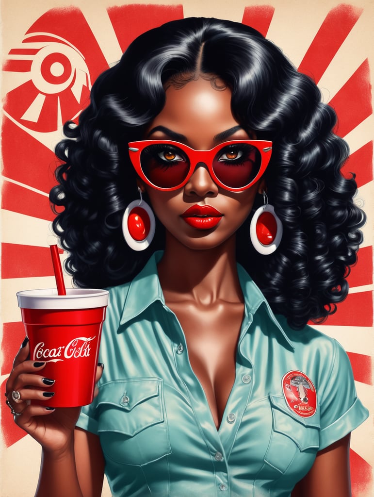 Miami black woman holding a red cup eye-catching poster-style drawing and illustration representing the iconic pulp style.