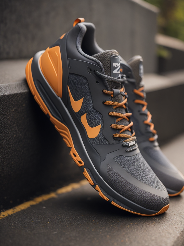 hyper realistic image of hi-tech sports puffy sneakers modern fashion in orange and grey colors, sci-fi, deep atmosphere, saturation, vibrance, sharp on details