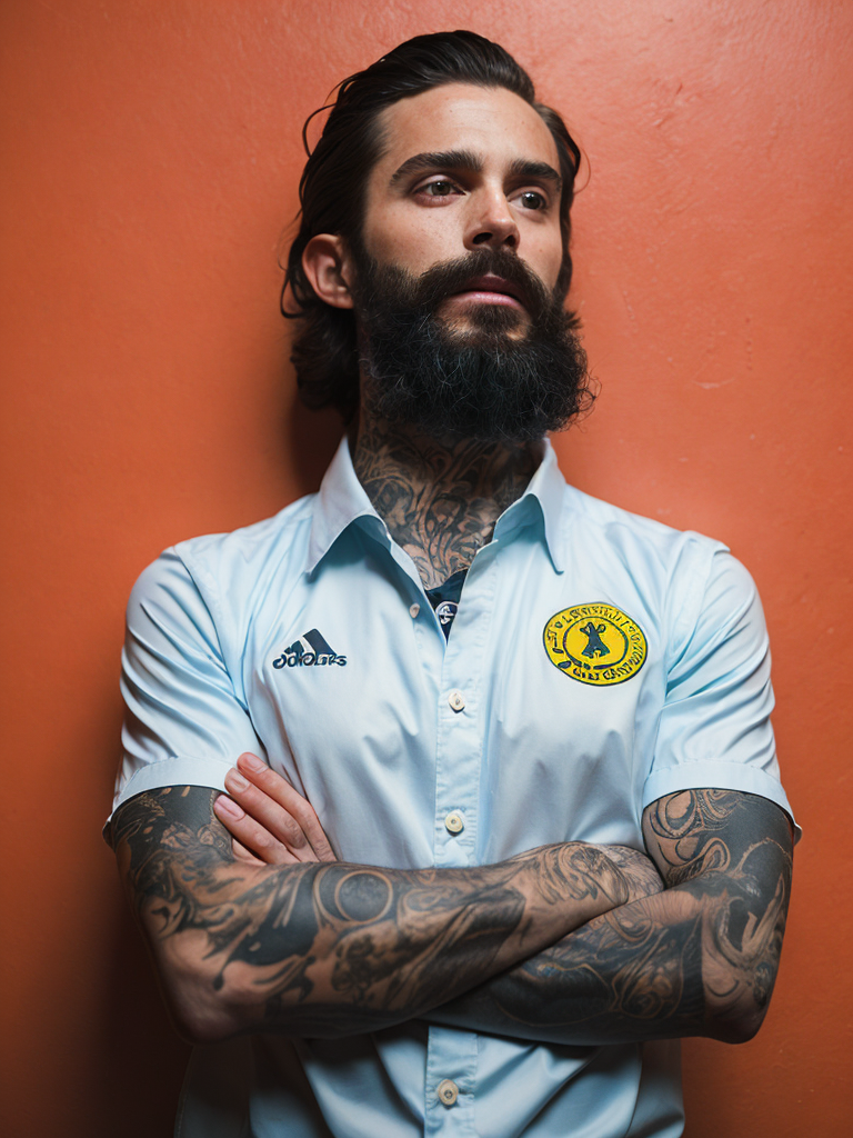 a tattooed soccer player with long black beard stands in a front of the bright yellow wall