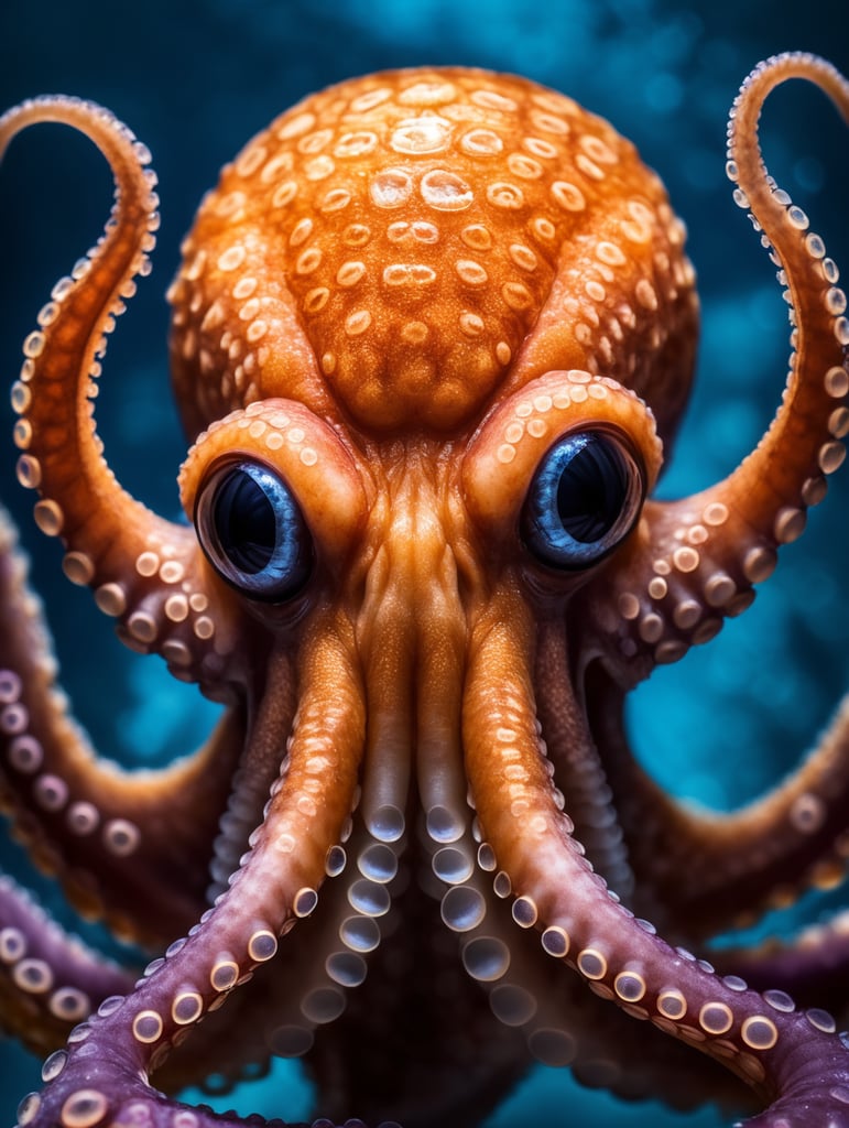 Octopus photography, extreme close up of an octopus showing its tentacles in a blue background, in the style of darkroom photography, orange and magenta, fluid simplicity