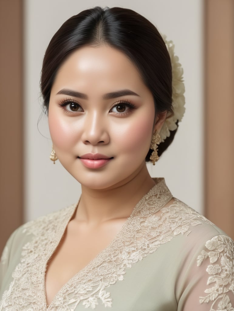 An Indonesian woman is slightly fat, chubby cheeks, flat nose, Slightly oval face shape,wearing a kebaya,No make up, white skin