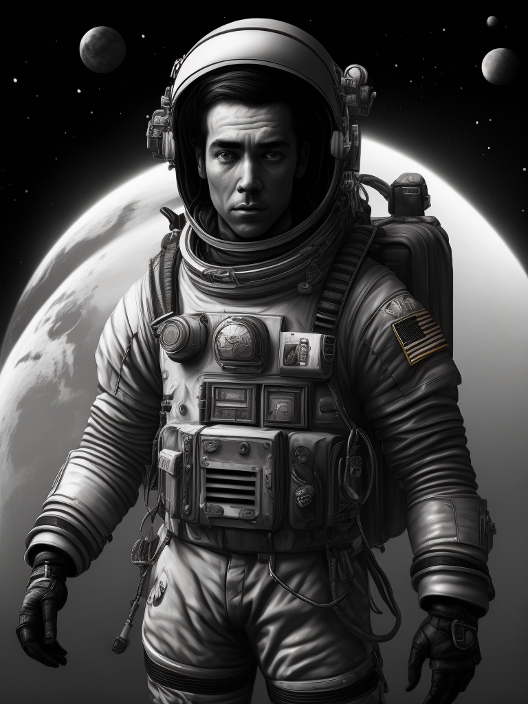 A black and white drawing of an astronaut, an ambient occlusion render by esao, cgsociety, space art, sci-fi, chillwave, ue5