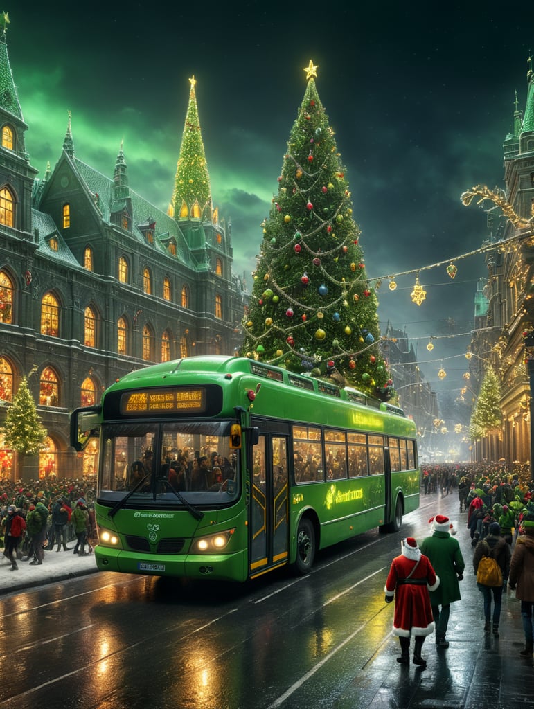 christmass city with santa raindeer green bus and people