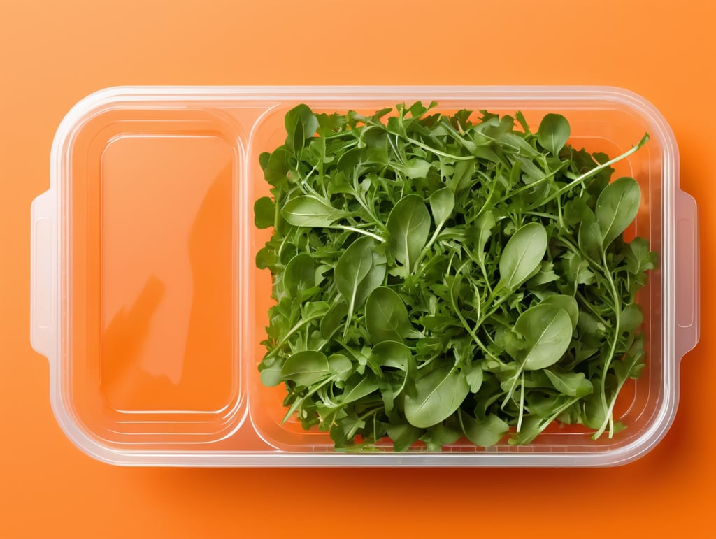 blank Transparent Plastic Container with Arugula Salad, isolated, orange background, Mockup, mock up