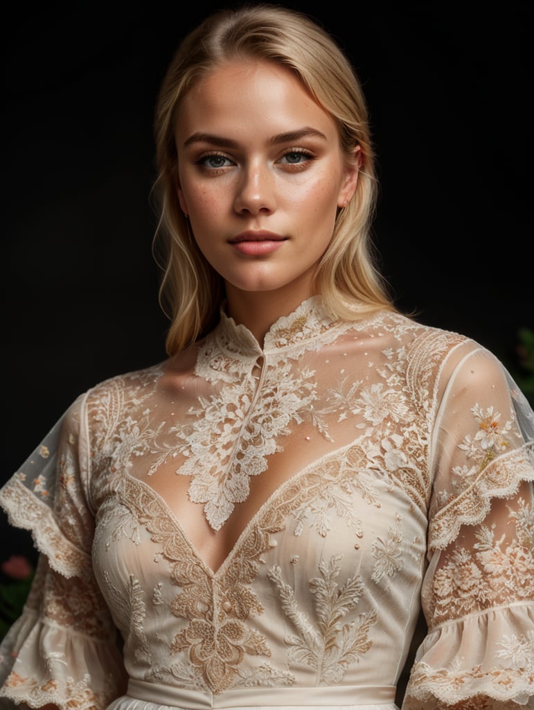 Beautiful blonde woman with freckles, wearing a detailed embroidered dress, stunning 8k fashion photo, tan skin