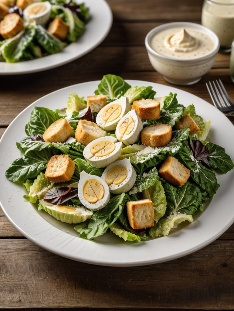 Caesar Salad, small plate on a wooden table, Description: A classic favorite featuring crisp romaine lettuce, croutons, Parmesan cheese, and a creamy Caesar dressing. Often served with grilled chicken or shrimp for added protein.