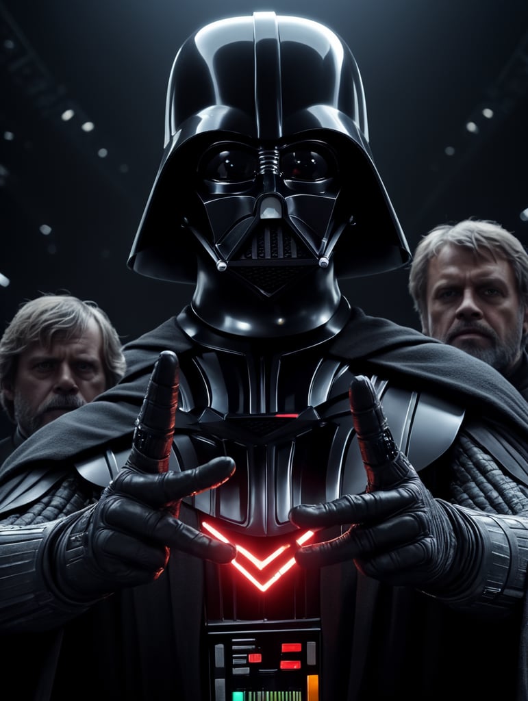 Darth Vader making hand heart gesture using his hand and luke skywalker's hand to the Death Star