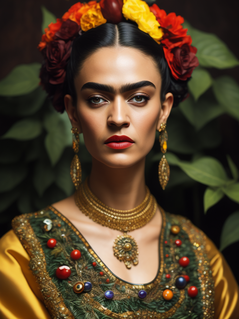 Portrait of Frida Kahlo, bright and saturated colors, elegant, highly detailed, vogue, fashion magazine, sharp focus, bright expressive makeup, dramatic lighting, depth of field, incredibly high detailed, blurred background, Headdress made of fine vegetables and herbs.