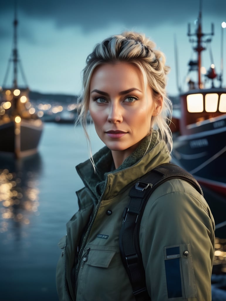 beautiful swedish woman, age 30, small necklace, messy ponytail hairstyle, expedition clothing, standing on a harbor pier next to a fishing boat, windy frosty night, aurora borealis visible in the sky, bokeh, dramatic, cinematic, highly detailed