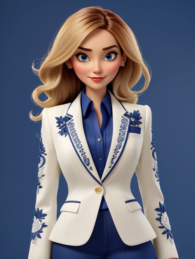women secretarie blue blaizer detailed embroidery medium full withe background outfit fashionable handsome