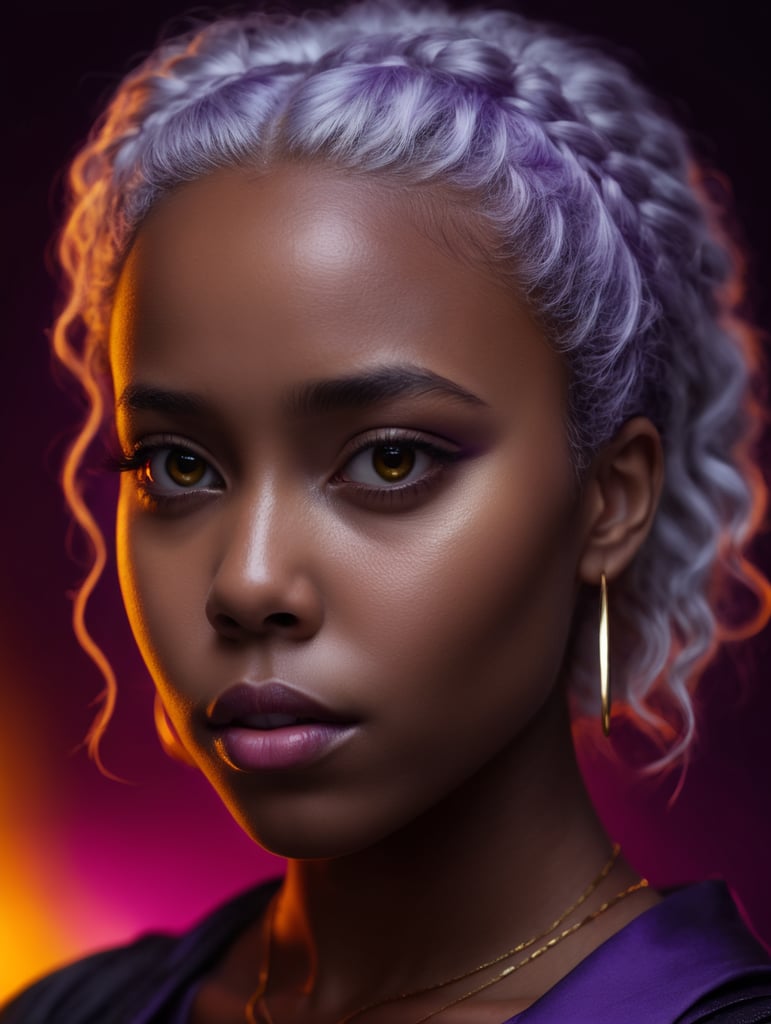 black girl on a purple background, yellow light reflection on her face, White brown hair using cell phone