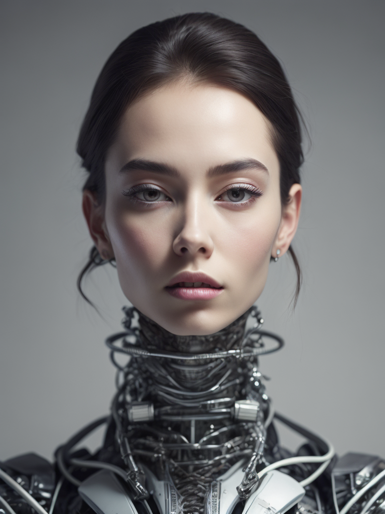 Portrait of a robot girl, enormous lips, transparent neck, porcelain face and head, robotic parts, cyberpunk, cable electric wires, hyperrealistic, fantasy, octane render, intricate, concept art, professional studio lighting