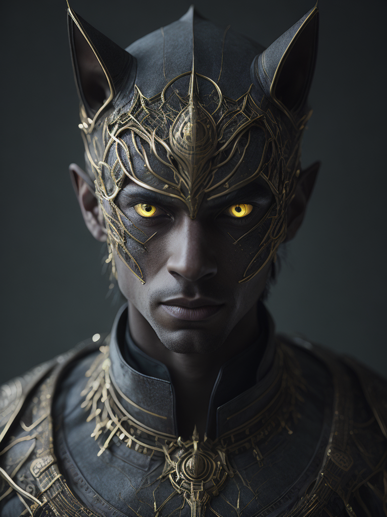 [anthropomorphism cat man in full growth], full body,in full growth, glowing eyes, looking at viewer, dark fantasy demon, gothic cyber, horror egyptian mythology, mysterious golden metal wires, fractional shiny crystals, cult ritual, (masterpiece:1.2) :: (best quality:1.2) :: (intricate) :: (wallpaper), global illumination, ray tracing,