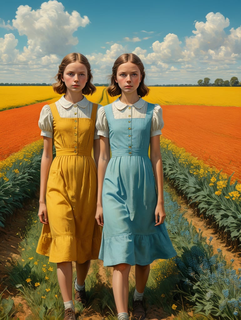 Vintage portrait of two girls wearing a simple dress in a yellow field, clear blue sky, complementary colors, Wes Anderson style, Incredibly high detail, Muted colors, turquoise color, orange color, red color