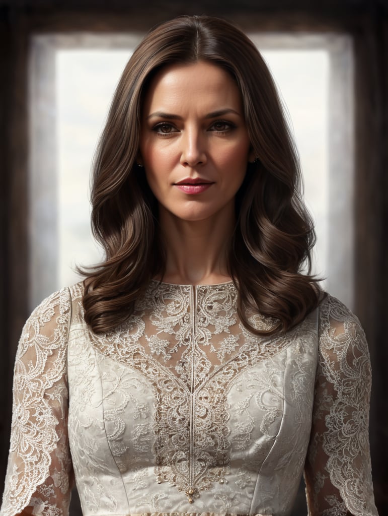 A 40-year-old woman with straight dark brown hair wearing a Dress modestly, Half-body close-up photos,