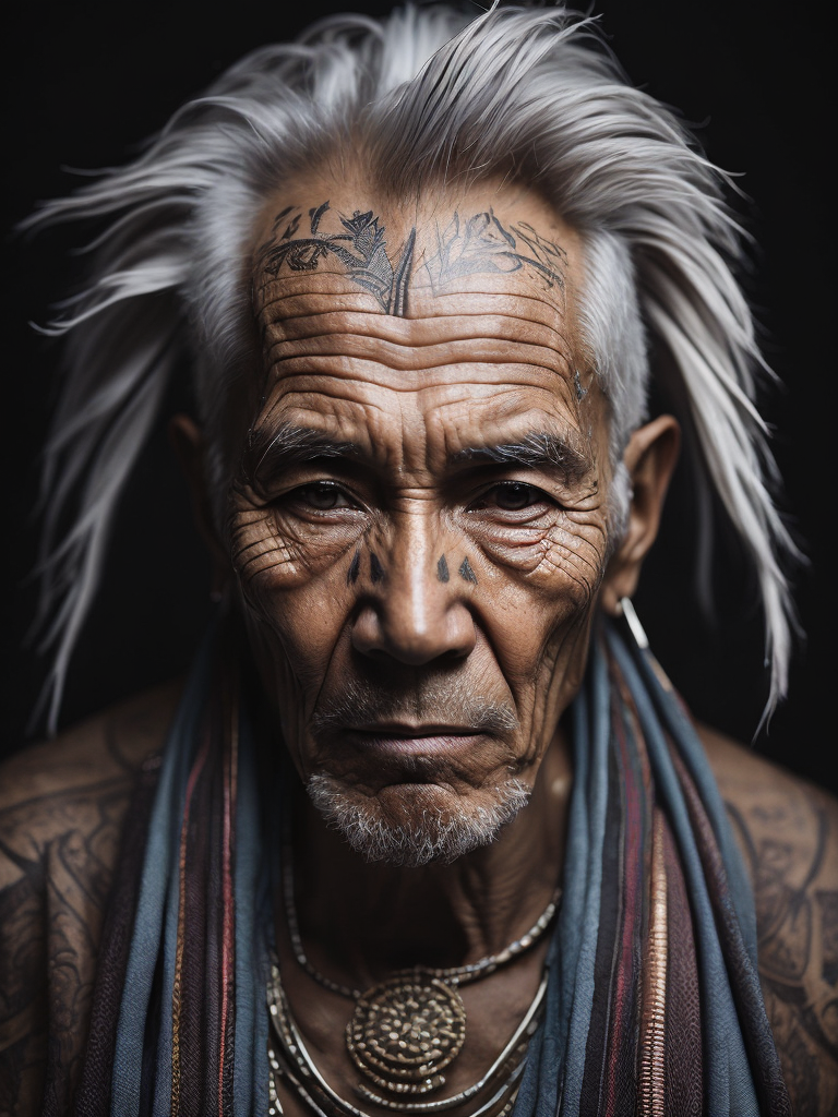 Portrait of a tribal elder with a face tattoo, photography, beautiful, black background, colorful, realistic, masterpieces, top quality, best quality, official art, beautiful and aesthetic
