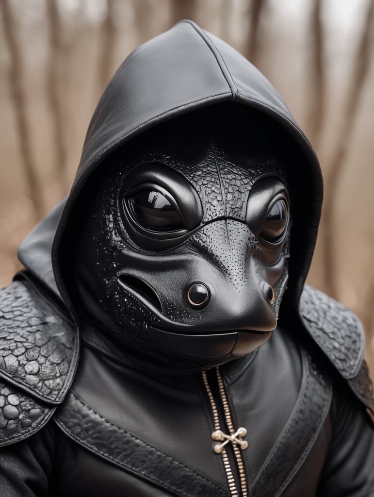 create a close up of a black leather masked, hooded black toad made up from leather skin