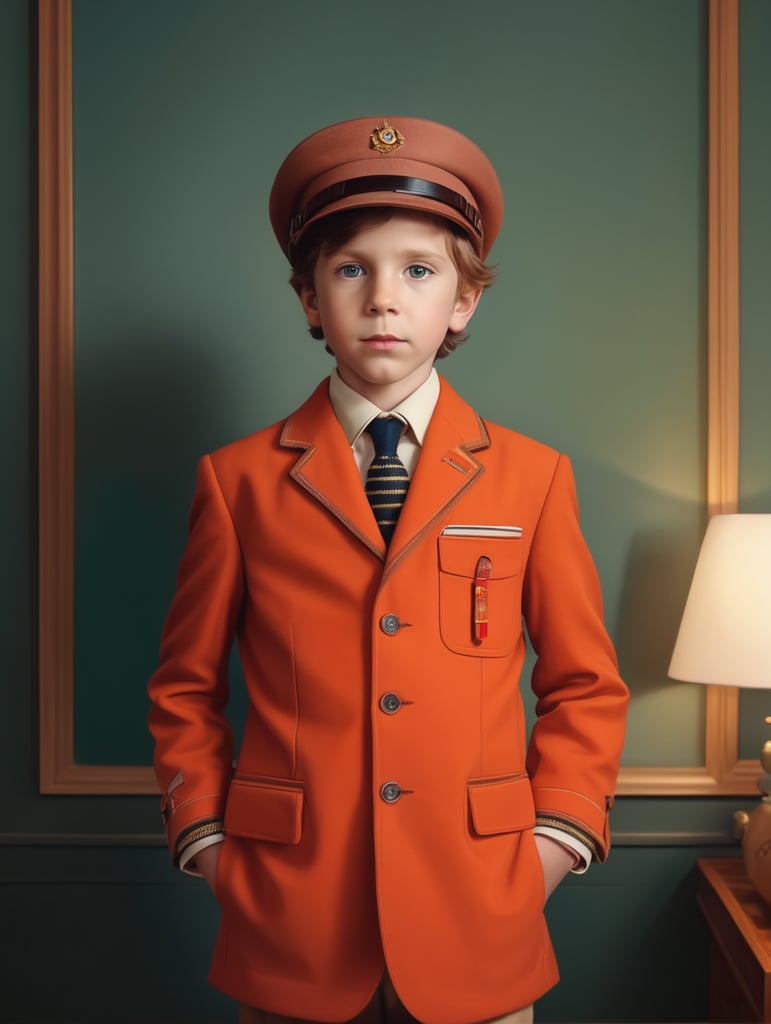 Portrait of child, Wes Anderson style, Incredibly high detail, Bright colors