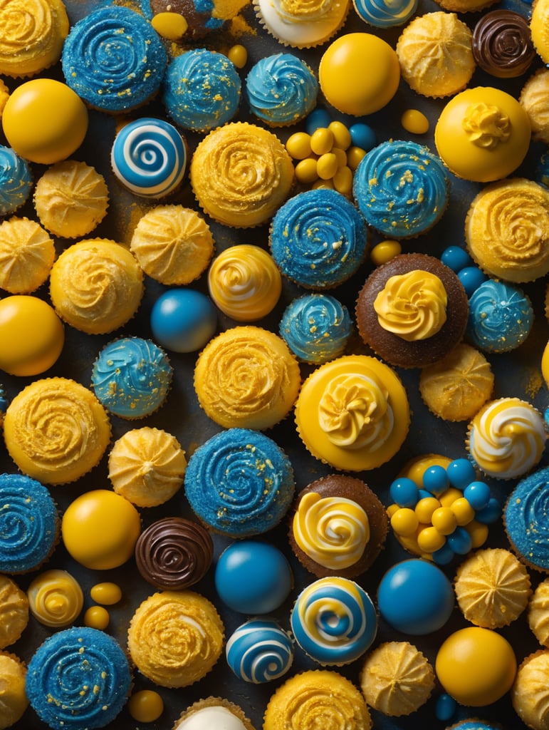 Generate abstract shapes inspired by piping tips, candy textures, and confectionery elements for the construction of a bakery's brand. Incorporate the vibrant palette of strong yellow and mid-tone blue. Avoid direct replication of existing words or elements in this prompt.