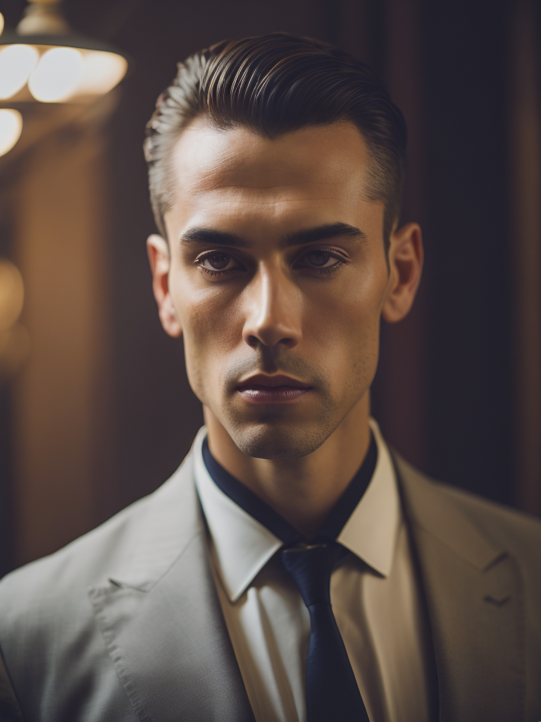 Portrait of a mafia boss in formal suit, Thick build, Hair slicked back, Aggressive look, Against a vintage interior, Subdued tones, Deep colors, contrasting light,