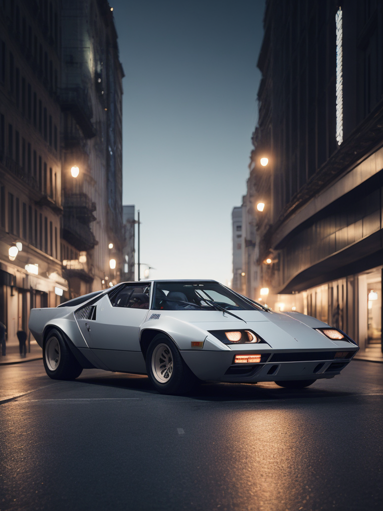 analog gloomy photo of a silver Lancia Stratos Zero car, low view, ground level view, diagnoal view, brushed aluminum, driving on a busy city street at night, dark photo, neon lights, smokey atmosphere