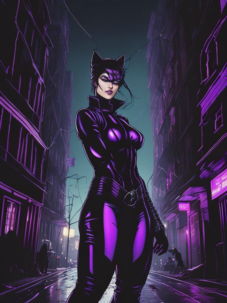 Catwoman in her classic purple and black costume, with her signature whip coiled around her waist and her sleek, feline-like movements. the background is a dark alleyway, with the neon lights of the city flickering in the distance. the image is drawn in the style of early 90s cartoons, with bold lines and bright, bold colors