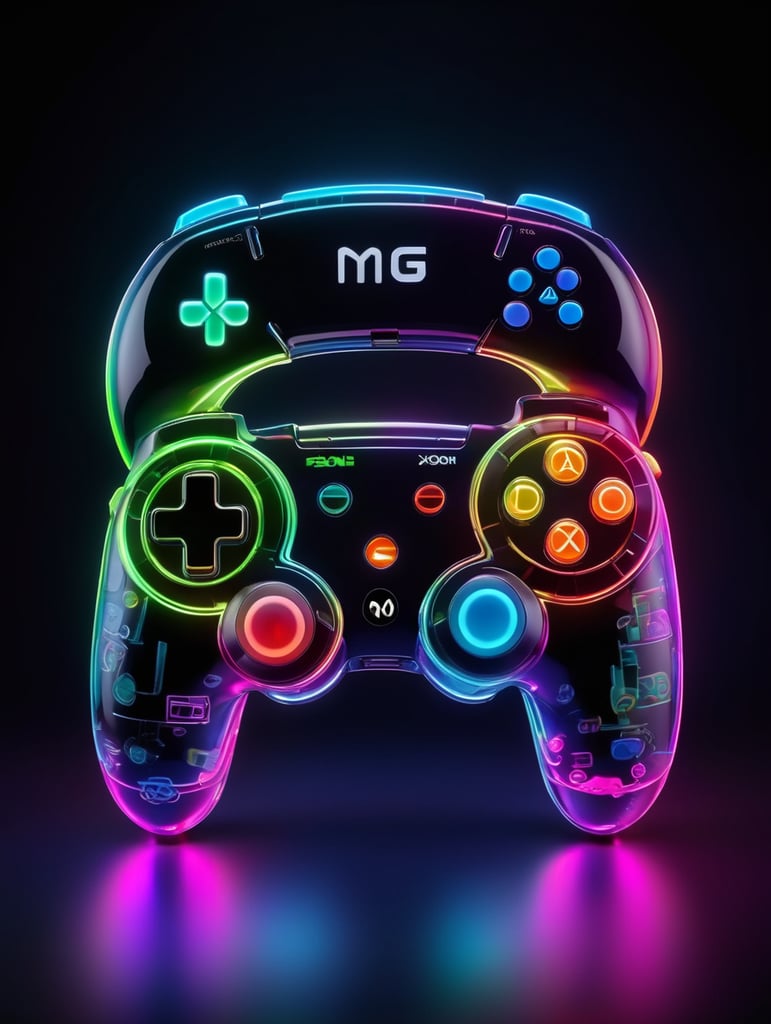 Design a futuristic, neon-colored gaming controller in the style of a playstation controller, glowing neon, semitransparent, deep vibrant colors, high details