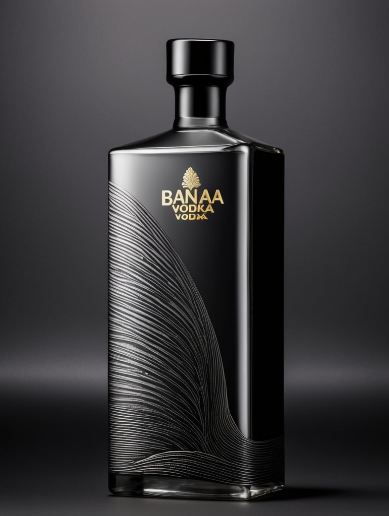 Tall minimalist glass banana vodka bottle design with a texture of closely spaced vertical lines with vibrant colors for a luxury matte black perfume with a shape inspired by vodka bottles. On a dark gray background. Packaging and branding for a banana vodka brand, a set design with banana, and banana leaves.