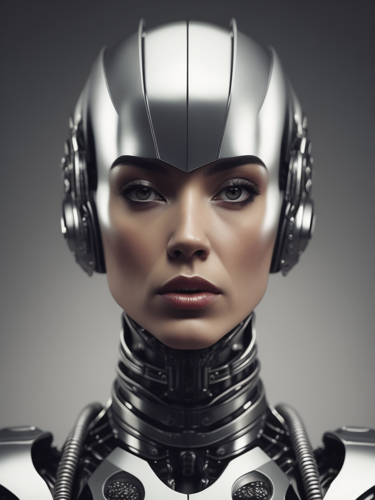 Realistic Fashion women frontal portrait Robot made of metallic shiny chromed silver, symmetric, medium shot portrait frontal, symmetry portrait, robotic, cyborg, close up portrait, head looking camera, by Hajime Sorayama and Boris Vallejo