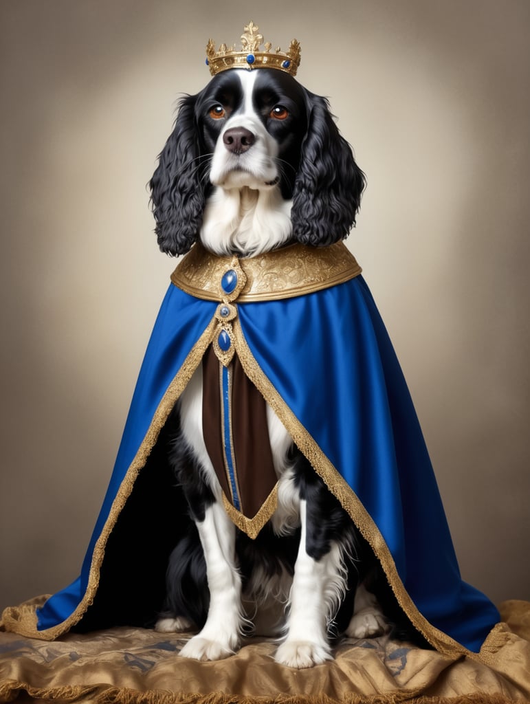 King Charles black and white spaniel dog, black long droopy ears, brown eyes, wearing 17th century clothes wearing a small simple gold crown, wearing a blue and gold decorative royal cape Copy prompt Copy URL Search similar