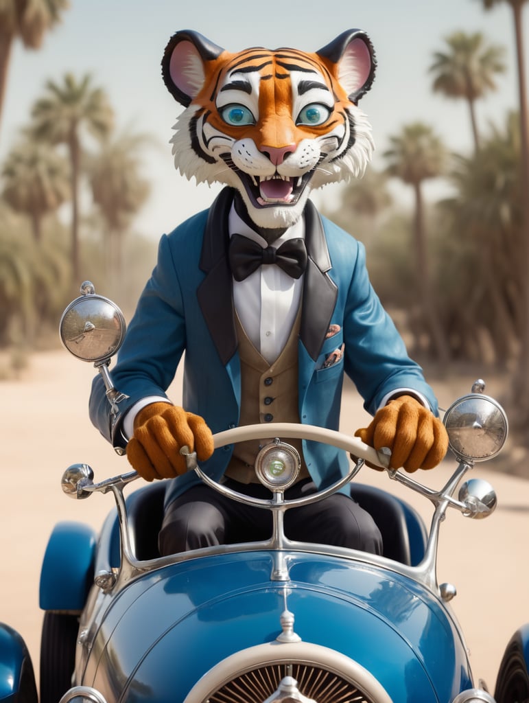 goofy alien, large oval head, sapphire eyes with tiger claw arms riding in a Model t Convertible
