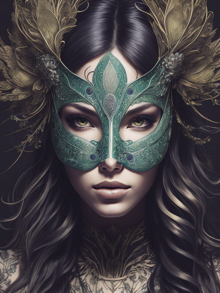 Centered detailed portrait of a masked woman wearing a venetian mask, vibrant peacock feathers, intricate, elegant, highly detailed, digital painting, artstation, smooth, sharp focus, illustration, illuminated lines, outrun, vaporware, intricate venetian patterns, cyberpunk darksynth, by audrey kawasaki and ilya kuvshinov and alphonse mucha