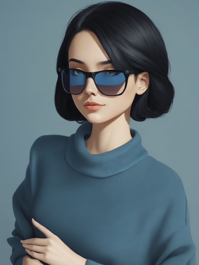 Cute girl in blue sweater black hair black wayfarer glasses by patrick nagel, solid colors