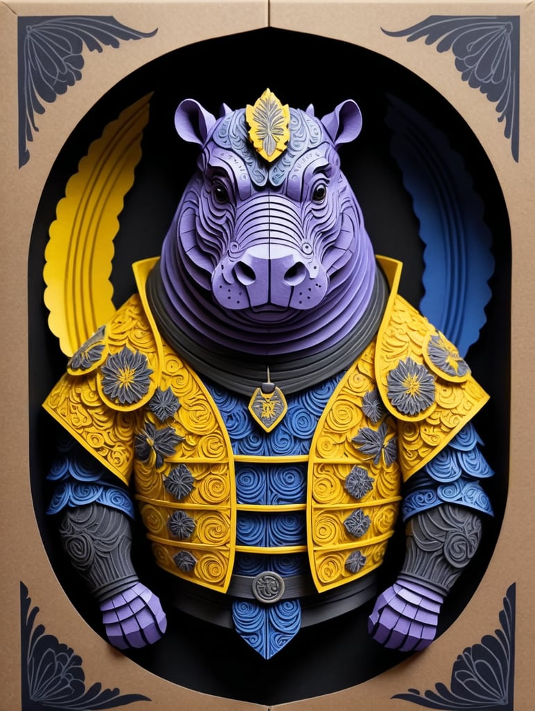 A gothic Woodcut linocut ink stamp block portrait of an anthropomorphic hippopotamus superhero wearing samurai armor, thick line, relief, in gothic style detail, lavender and blue and yellow and black color detail, visible woodgrain detail, high detail