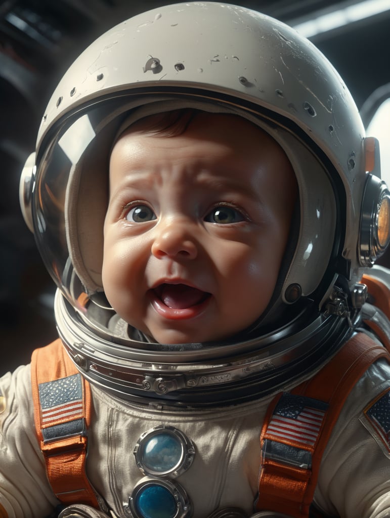baby astronaut, 4k, lightfilm, sunlight in glass, surprised face, shock smile, realistic, realism