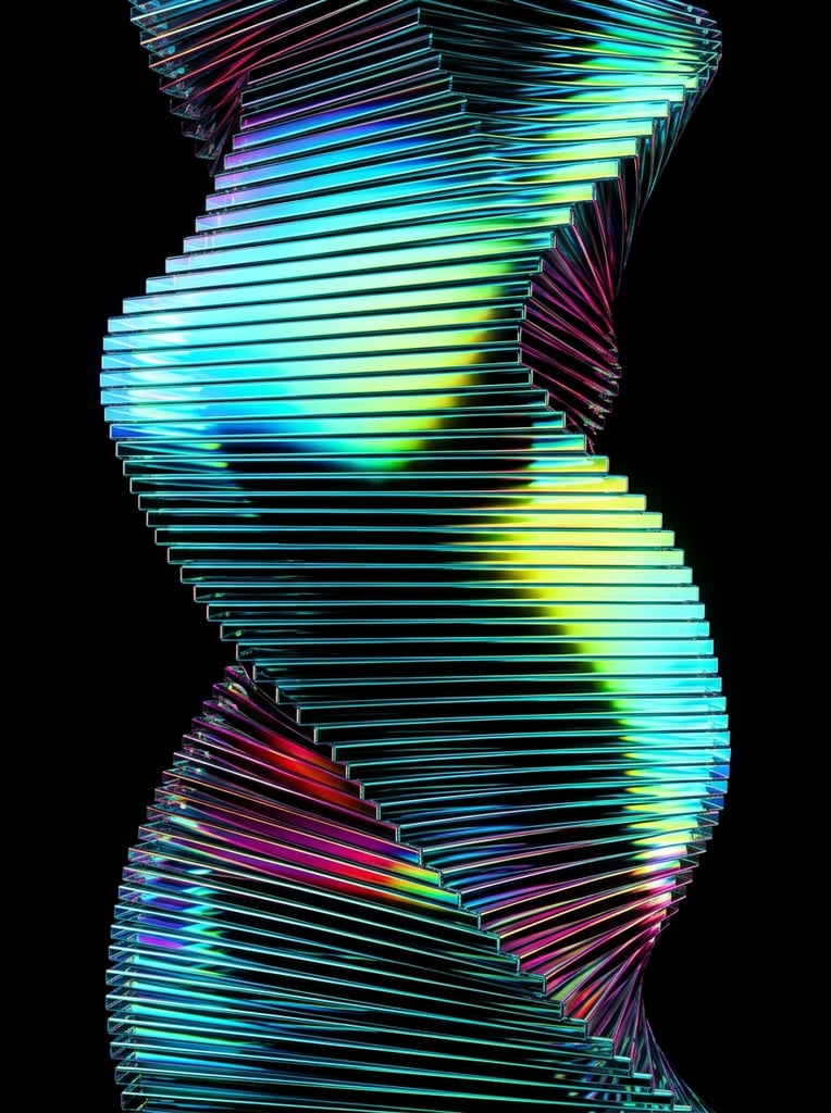 A vertical stack of tightly spaced horizontal slats twists dynamically against a pitch-black background. The structure resembles hundreds of thin, glossy glass plates, torqued in the center to create a fluid, undulating contour along its edges. Intense iridescent light catches the sharp, reflective surfaces, generating a vibrant shifting gradient of electric blue, cyan, acid green, and luminous yellow. Deep magenta and red fringes appear along the shadows, creating a spectral dispersion effect. The abstract, high-contrast composition features razor-sharp details, emphasizing the rhythmic, repetitive geometry and the mesmerizing optical distortion of the twisting column within the dark void.