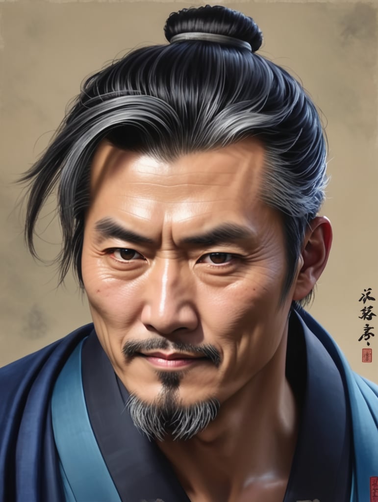 clean shaven,shaved middle aged Japanese man, traditional man bun haircut, black-grayisch hair, wearing a blue kimono and red cloth cloak, water color artwork portrait style dnd artwork