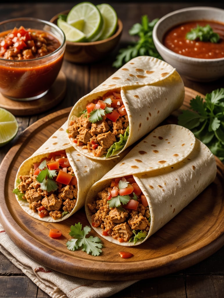 two tacos of (((Ground chicken with sauce))), the recipe is made in a country house, with a view of the mountains of puerto rico, the wraps include ground chicken, diced tomatoes, lettuce cut into strips, on a wooden plate, the table that is made of dark wood, the table is served, in the background you can see people, small jars with red sauces, sharing, taken with a close up lens, 50mm, nikon 35mm (((Ground chicken with sauce)))