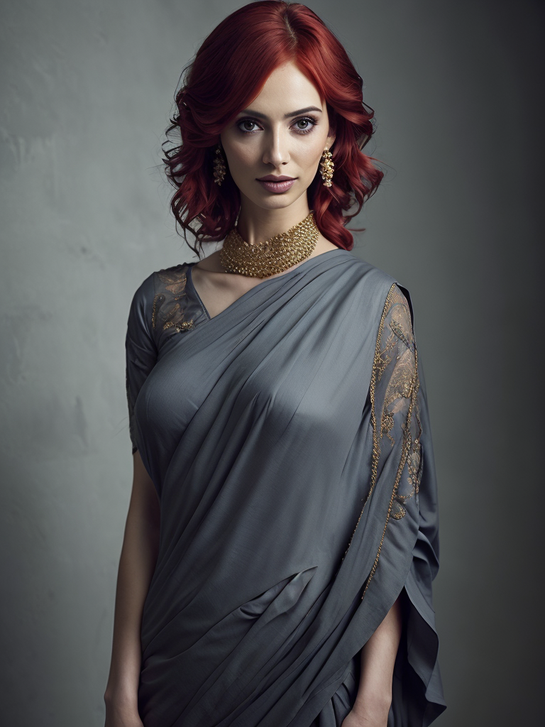 Young north indian girl in a saree, christina hendricks, massive downblouse, fit body, wearing saree, wearing kebama, vogue photoshoot, maxim photoshoot, ultra realistic, fair skin