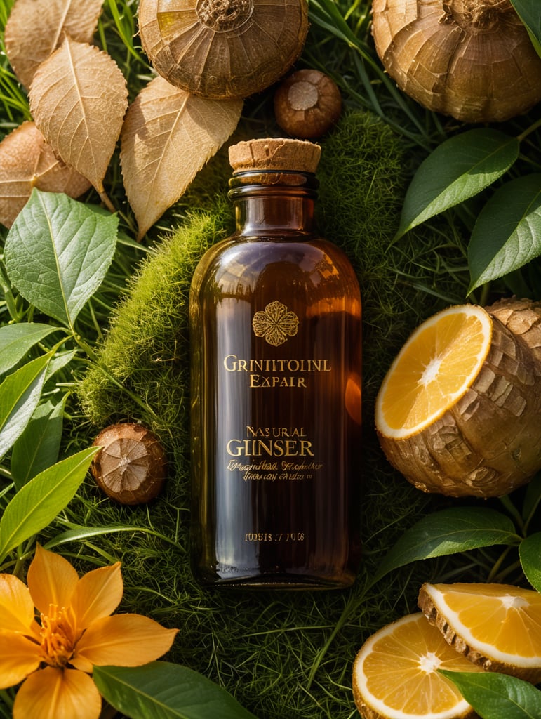 Compose an authentic and visually captivating photograph featuring a middle-sized amber glass bottle surrounded by the lushness of green grass, with a focus on detailed ginger scattered around it. Pay meticulous attention to the textures and details of both the ginger and the glass bottle, capturing the play of light and shadow. Utilize natural lighting to enhance the vibrancy of the ginger and the reflective surface of the bottle. Create a visually engaging composition that highlights the natural and organic elements, showcasing the rich textures and earthy tones of ginger in harmony with the glass container amidst the backdrop of fresh green grass."