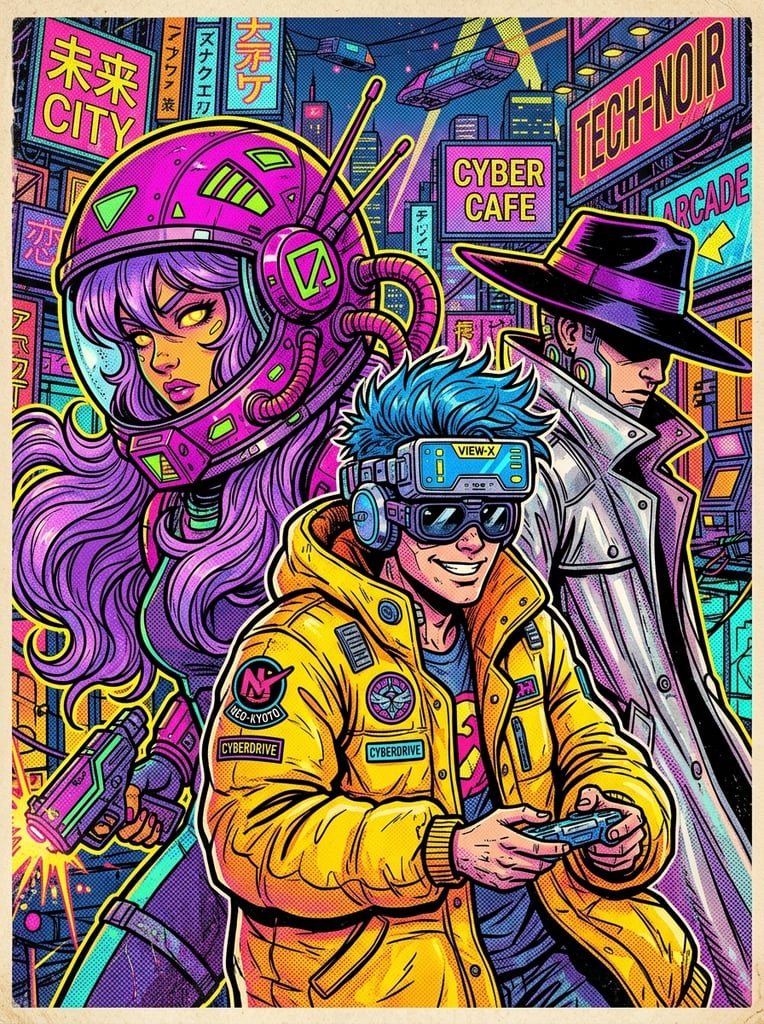 A vibrant pop-art illustration of three retro-futuristic characters featuring bold black outlines and dense halftone screentone textures. In the foreground, a youth with electric blue spiky hair wears an oversized yellow parka and a bulky silver VR headset. To the left, a figure with flowing violet hair dons a massive magenta space helmet with neon green geometric accents, gazing forward with striking yellow eyes. On the right, a partially obscured person wears a metallic silver trench coat and a wide-brimmed fedora. The composition layers the overlapping portraits against a heavily saturated backdrop, utilizing a stark complementary color palette of neon pinks, vivid yellows, and electric blues to evoke a dynamic underground comic book aesthetic.