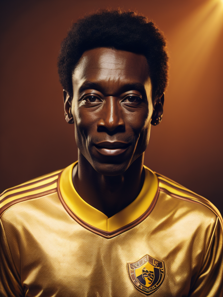 Pele's portrait in a golden football uniform, bright and saturated colors, highly detailed, fashion magazine, sharp focus, Dramatic Lighting, Depth of field, Incredibly high detailed, blurred background