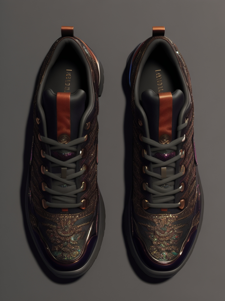 gemstone-embellished Gucci fashions with luminous lines and sequins. hyper realistic image of hi-tech sports puffy sneakers modern fashion, deep atmosphere, saturation, vibrance, sharp on details