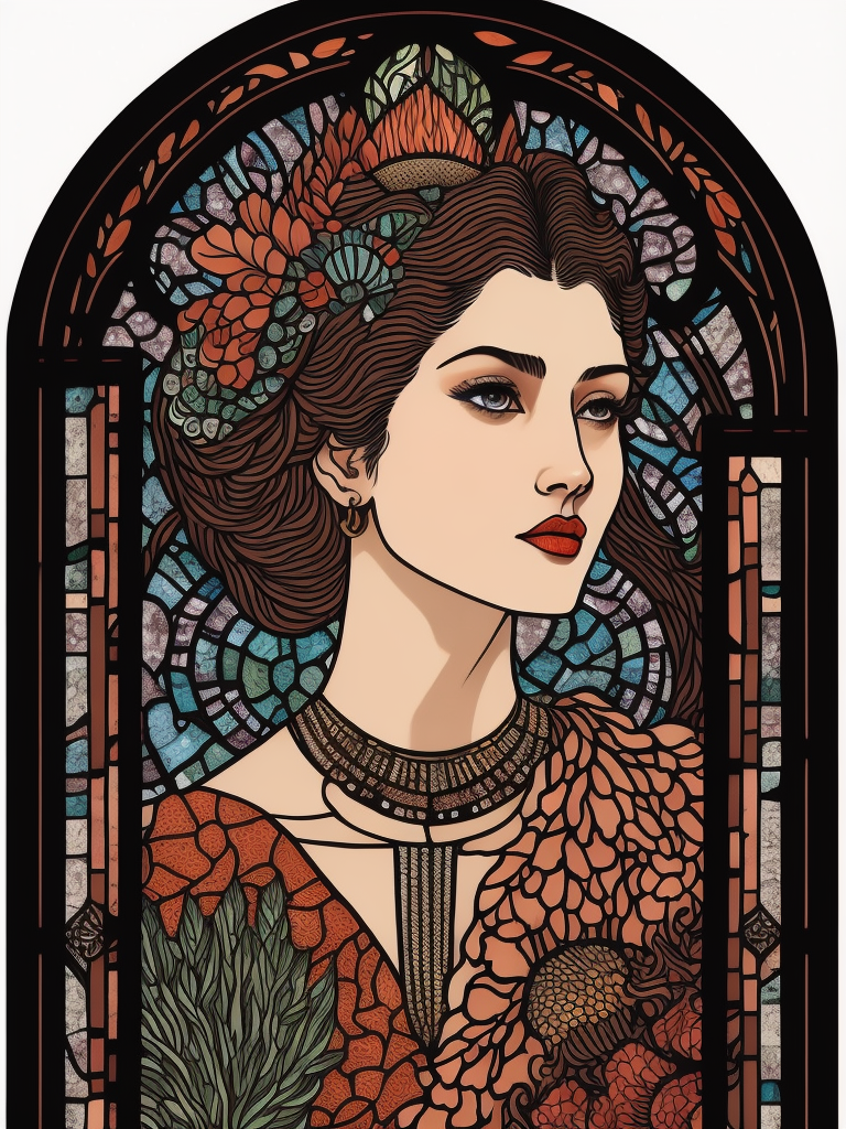 Art deco stained-glass window, ultafine detailed illustration of a woman with corals in her hair, whimsical, detailed painting, corals, Fish and seashells around.