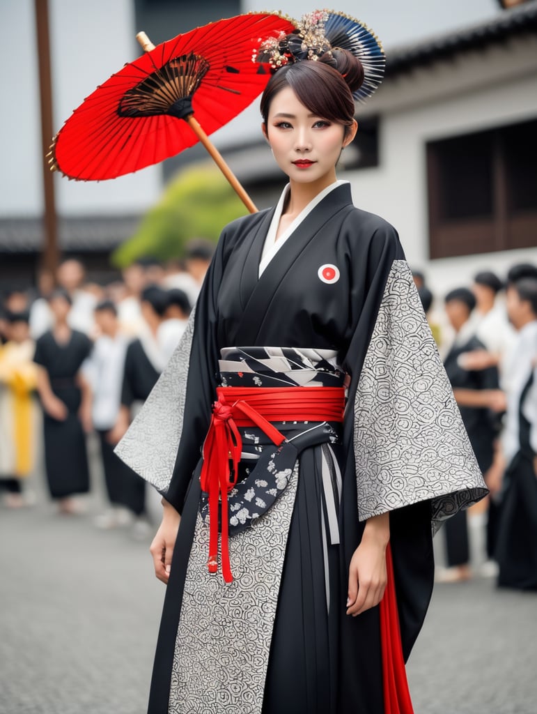 dress with culture of celebration japan matsuri, inspired with samurai, modern, futuristic, draped