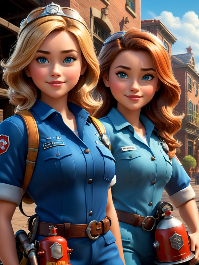 A Disney Pixar-inspired movie poster with the title *MARINA* featuring *woman firefighter wearng short blonde hair, blue eyes and woman doctor wearing long brown hair, brown eyes, our loves,* The scene should be set in the distinct digital art style of Pixar, with a focus on character expressions, vibrant colors, and detailed textures that are characteristic of Pixar animation, standing centered in 3D style, rendered using beautiful Disney animation, Pixar style, Disney style, 3D style