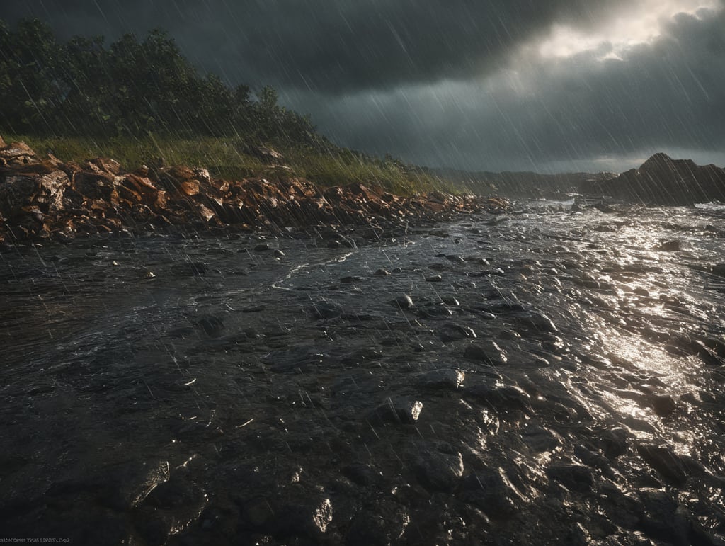 Harsh storm, rain, coast, nordic, low sun, dramatic, photo-realistic, intricate details, cinematic lighting, close up rain drops, 8K, hdr, octane render