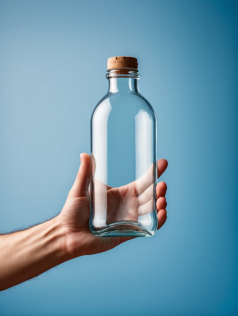 Hand holding a transparent Glass Bottle, Empty, Clean, Clear, isolated, blue background