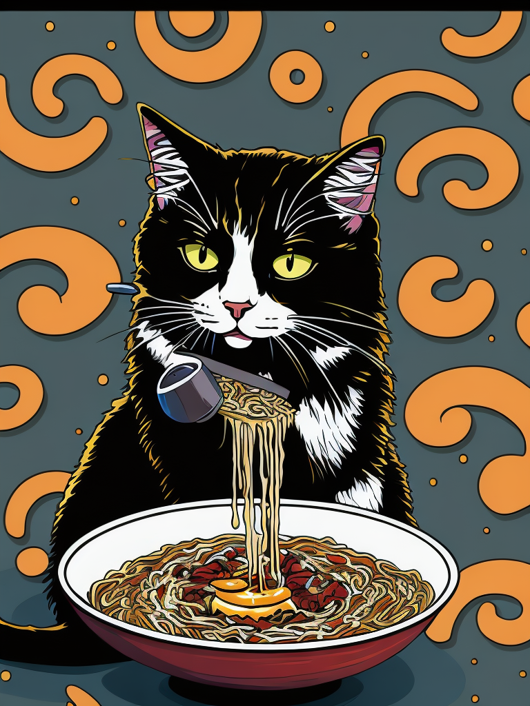 Cat eating ramen, trippy colors, cartoon style, comic style, manga style